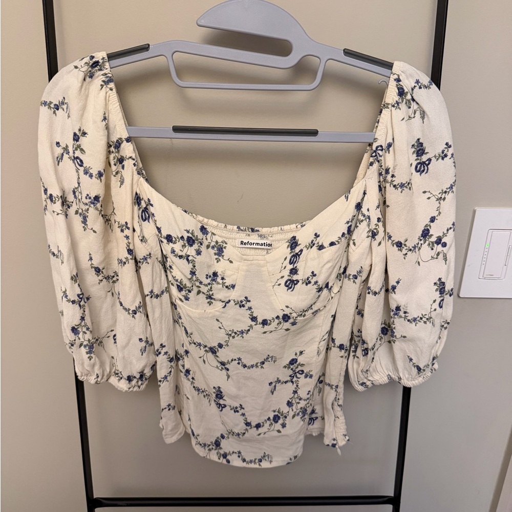 Reformation Cream and Blue Floral Blouse